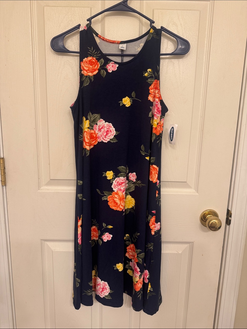 NWT Old Navy Navy Floral Midi Dress with Pink & Yellow Roses
